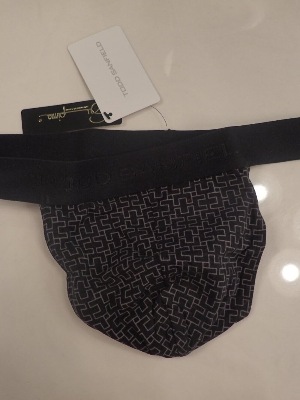 Todd Sanfield Cotton/Lycra Thong in Greek Key (black), size M, NWT